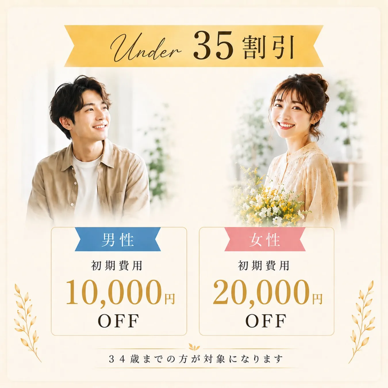 Under35割引 男性：初期費用10,000円OFF 女性：初期費用20,000円OFF 34歳までの方が対象になります